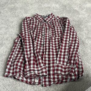 Boys Osh Gosh long sleeve red, black and gray button down shirt.